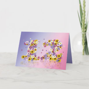 12e verjaardagskaart met bloemen letters kaart