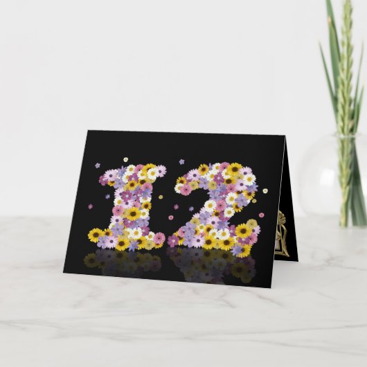 12e verjaardagskaart met bloemen letters kaart (Voorkant)
