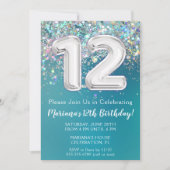 12e verjaardagsuitnodiging Blauwgroen zilveren gli Kaart (Voorkant)