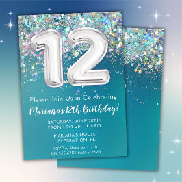 12e verjaardagsuitnodiging Blauwgroen zilveren gli Kaart