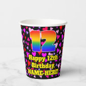 12th Birthday: Loving Hearts Pattern, Rainbow 12 Papieren Bekers (Achterkant)