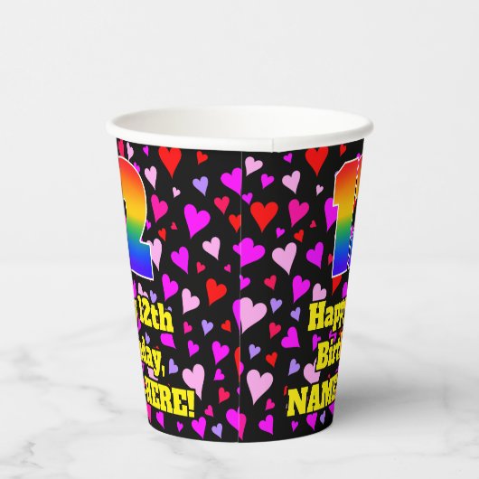 12th Birthday: Loving Hearts Pattern, Rainbow 12 Papieren Bekers (Rechts)