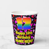 12th Birthday: Loving Hearts Pattern, Rainbow 12 Papieren Bekers (Voorkant)