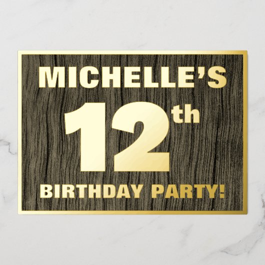 12th Birthday Party: Bold, Faux Wood Grain Pattern Folie Uitnodiging (Voorkant)