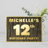 12th Birthday Party: Bold, Faux Wood Grain Pattern Folie Uitnodiging (Staand Voorkant)