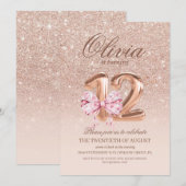 12th Birthday Rose Pink Gold Bow Birthday Party Kaart (Voorkant / Achterkant)