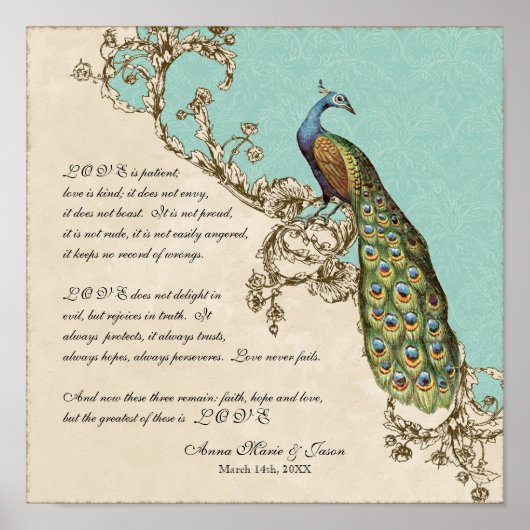 12x12  Peacock 1 - Wedding op persoonlijke titel Poster (Voorkant)