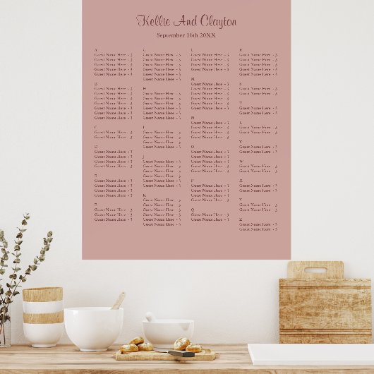 130 Cinnamon Roos Simple Wedding Seating Chart Poster (Keuken)