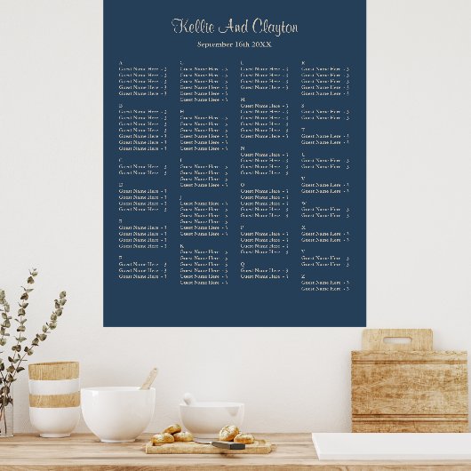 130 Classic Blue Simple Wedding Seating Chart Poster (Keuken)