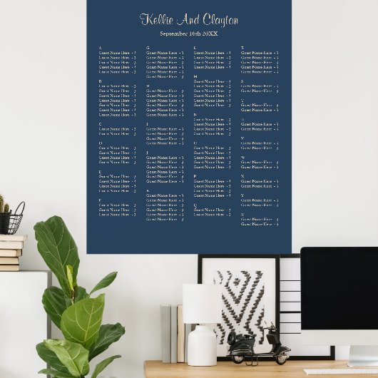 130 Classic Blue Simple Wedding Seating Chart Poster (Thuiskantoor)