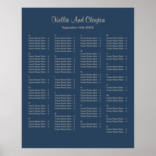 130 Classic Blue Simple Wedding Seating Chart Poster (Voorkant)