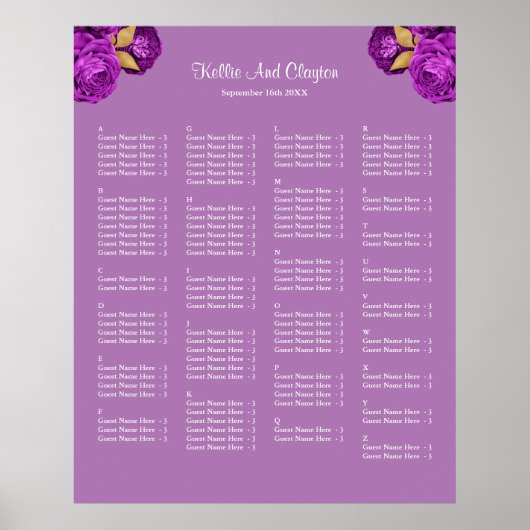 130 Paarse en goudFloral Wedding Seating Chart Poster (Voorkant)