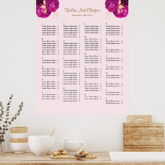 130 Roze en gouden Floral Wedding Seating Chart Poster (Keuken)