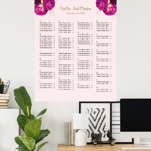 130 Roze en gouden Floral Wedding Seating Chart Poster (Thuiskantoor)