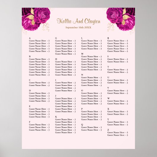 130 Roze en gouden Floral Wedding Seating Chart Poster (Voorkant)