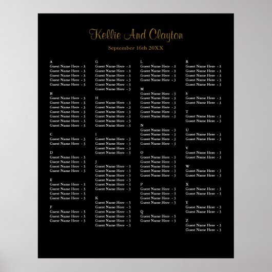 130 Simple Black Wedding Seating Chart Poster (Voorkant)
