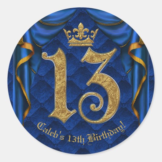 13 13e verjaardag van Royal Blue & Gold Crown Ronde Sticker (Voorkant)