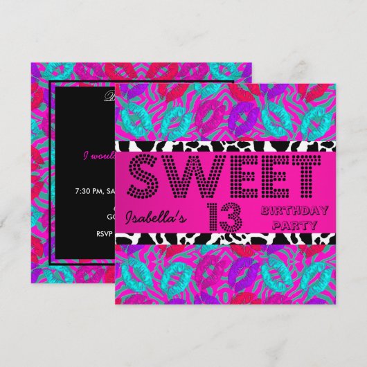 13 13th Birthday Lips Koe Paars Roze Blauwgroen Kaart (Voorkant / Achterkant)