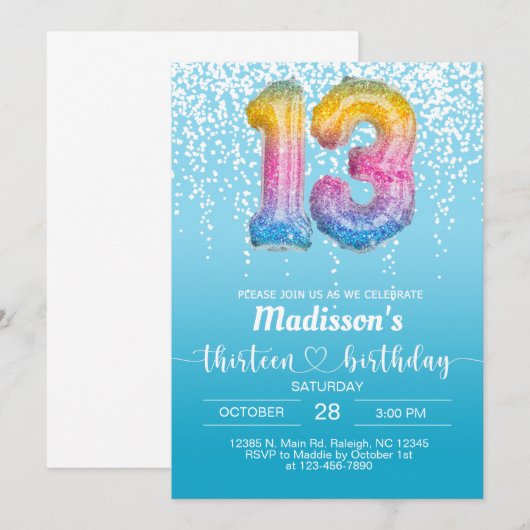 13 dertien turkooise-verjaardagsuitnodiging. kaart (Voorkant / Achterkant)