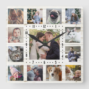 13 Familie Foto Collage Rustic Farmhouse Lt Wood Vierkante Klok