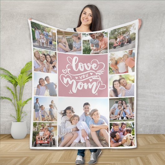 13 Fotocollage Love You Mom Pink Fleece Deken
