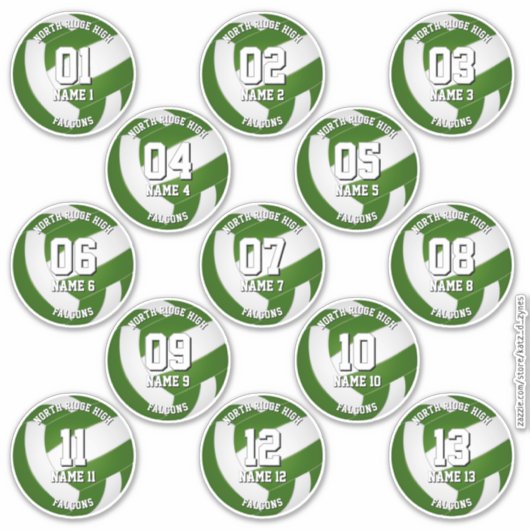 13 green volleyball stickers one for each athlete (Voorkant)