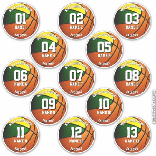 13 Groen Goud Sportteam Kleuren Basketbal Sticker (Voorkant)