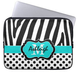13-inch Aqua Black Zebra Stripes Polka Dot Laptop  Sleeve