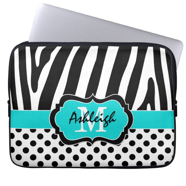 13-inch Aqua Black Zebra Stripes Polka Dot Laptop  Sleeve (Voorkant)