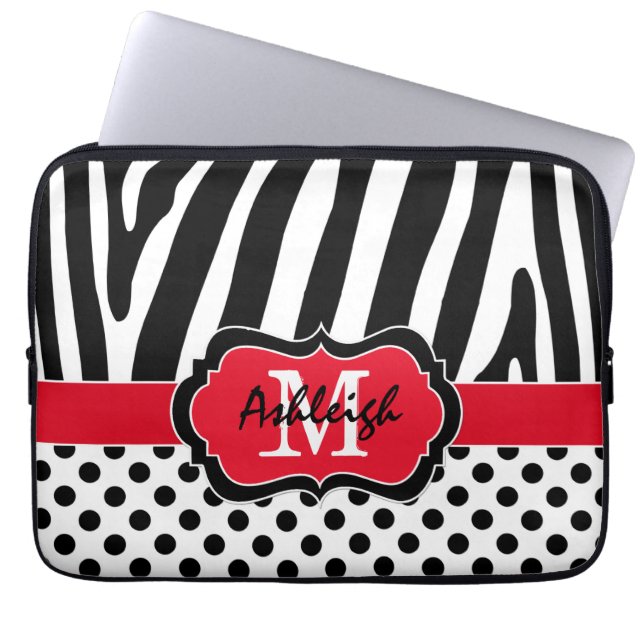13-inch rode zwarte Zebra Stripes Polka Dots-lapto Laptop Sleeve (Voorkant)