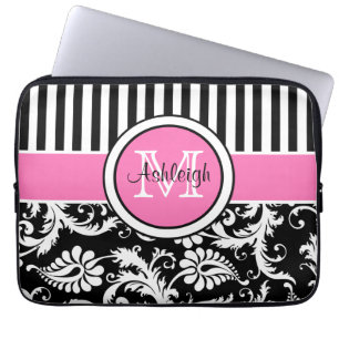 13-inch roze zwarte witte Damask Striped laptophoe Laptop Sleeve