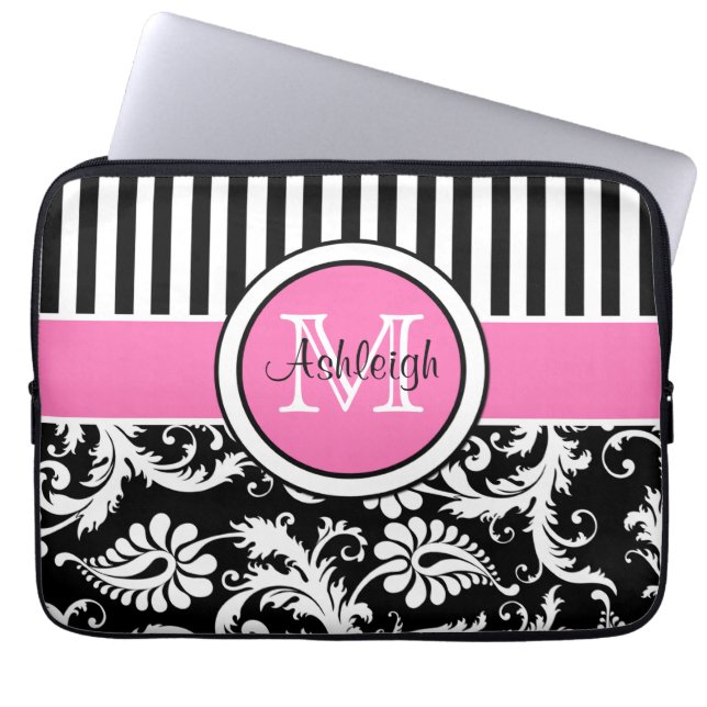 13-inch roze zwarte witte Damask Striped laptophoe Laptop Sleeve (Voorkant)