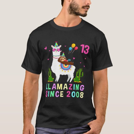 13 jaar oud 13e verjaardag Sloth Riding Llama Girl T-shirt (Voorkant)