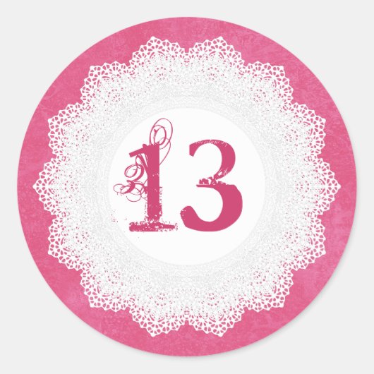 13 Jaar Oud Verjaardag Sticker Roze en Kant V009L1 (Voorkant)