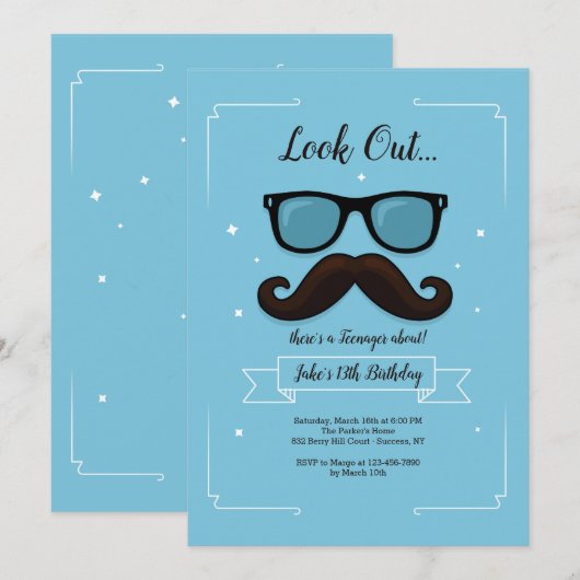 13 Mustache Birthday Party Invitation Kaart (Voorkant / Achterkant)