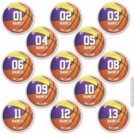 13 paarse gouden sportteam kleuren basketbal sticker (Voorkant)