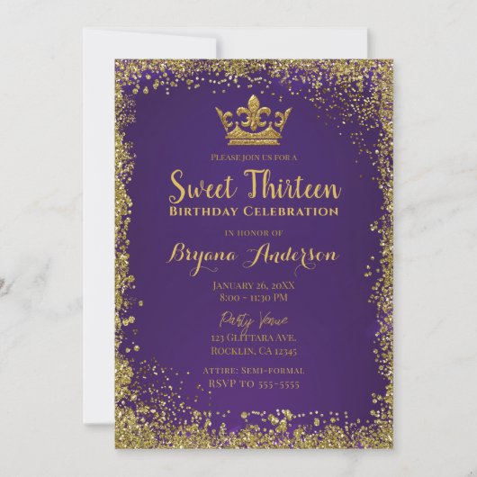 13 Partij bij de Paars & Gold Glitter Crown Sweet Kaart (Voorkant)