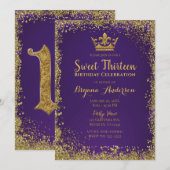 13 Partij bij de Paars & Gold Glitter Crown Sweet Kaart (Voorkant / Achterkant)