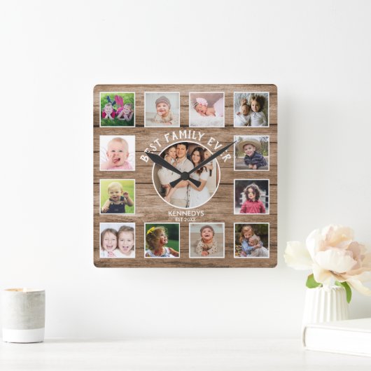 13 Photo Collage Best Family Ever Farmhouse Wood Vierkante Klok (Huis)