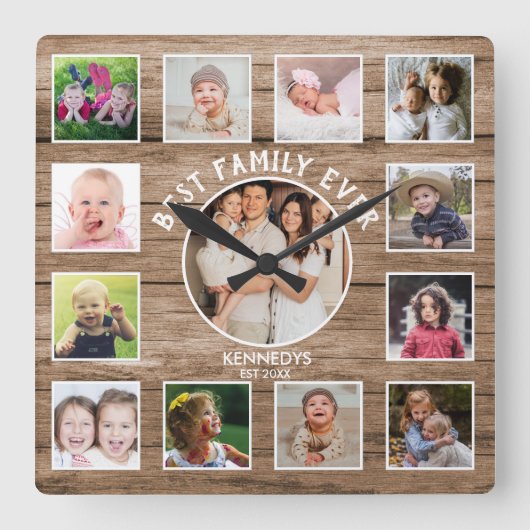 13 Photo Collage Best Family Ever Farmhouse Wood Vierkante Klok (Voorkant)