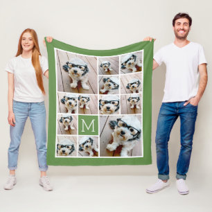 13 Square Photo Collage Monogram Green - groen Fleece Deken