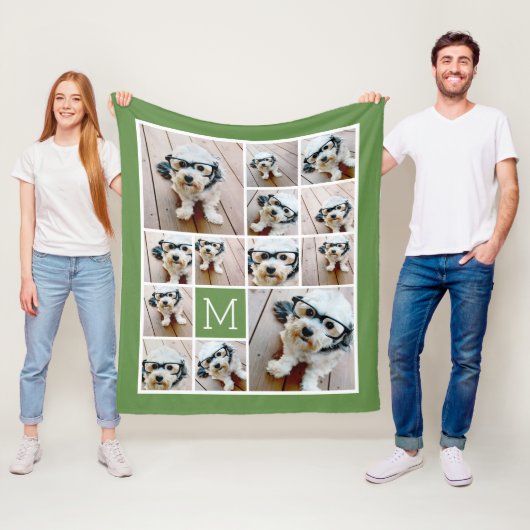 13 Square Photo Collage Monogram Green - groen Fleece Deken (In situ)