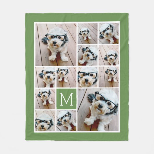 13 Square Photo Collage Monogram Green - groen Fleece Deken (Voorkant)