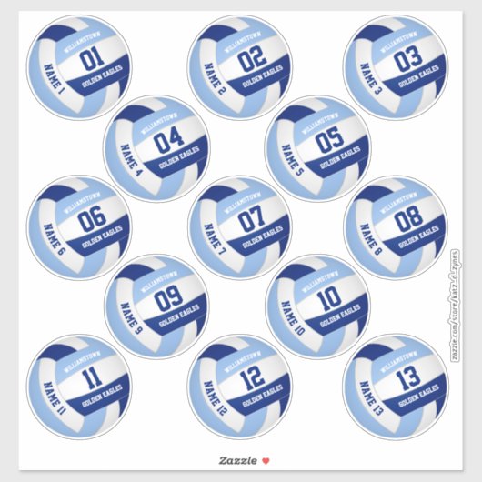 13 stuk spelers namen blauw wit volleybal sticker (Vel)