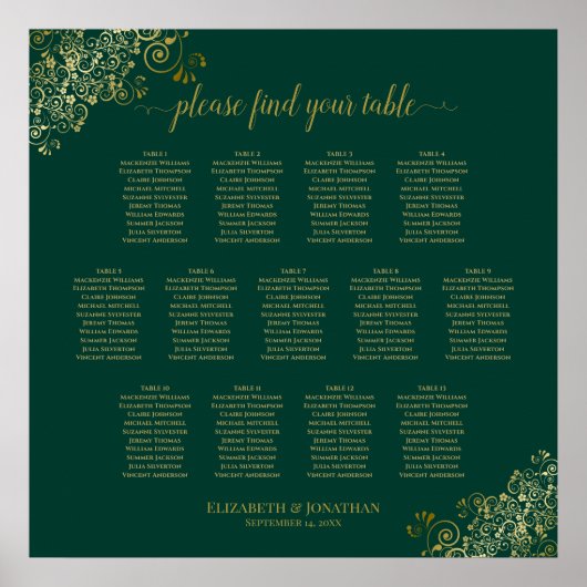 13 Tabel Emerald Green Wedding Seating Chart Gold Poster (Voorkant)