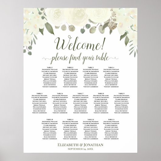 13 Tabel Ivoor White Floral Wedding Seating Chart Poster (Voorkant)