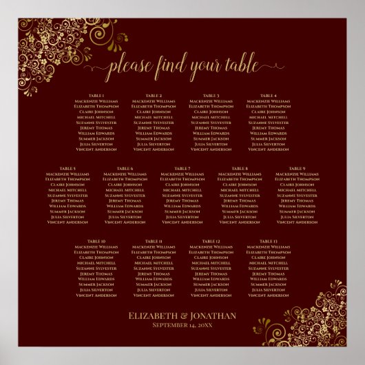 13 Tabel Lacy Gold & Auburn Wedding Seating Chart Poster (Voorkant)