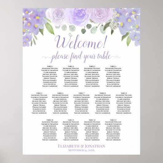 13 Tabel Lavender Floral Wedding Seating Chart Poster (Voorkant)
