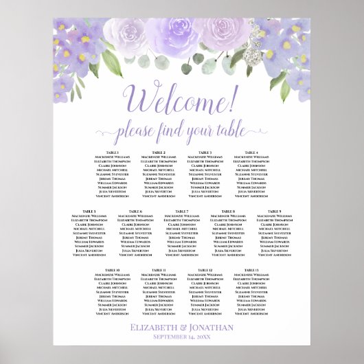 13 Tabel Lavender Floral Wedding Seating Chart Poster (Voorkant)