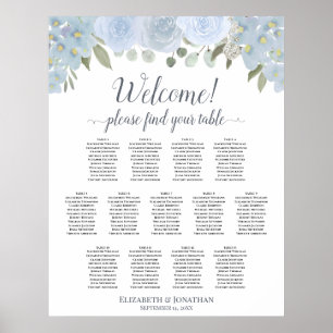 13 Tabel Stusty Blue Floral Wedding Seating Chart Poster